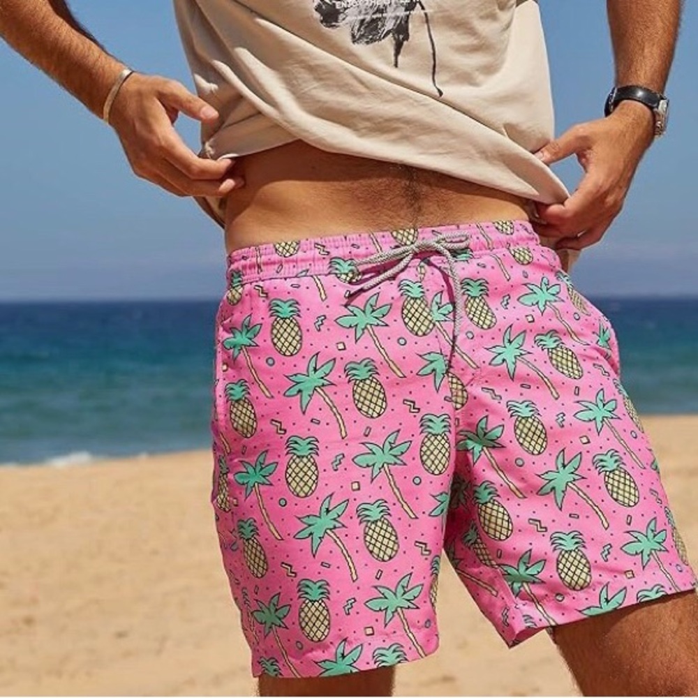 NWT Maamgic Vibrant Pink and Green Swim Trunks with Tropical Pattern. Size  xL